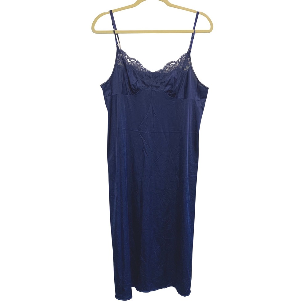 Vanity Fair Full Slip Dress 40 Navy Blue Lace Trim Nylon Vintage Made in USA
